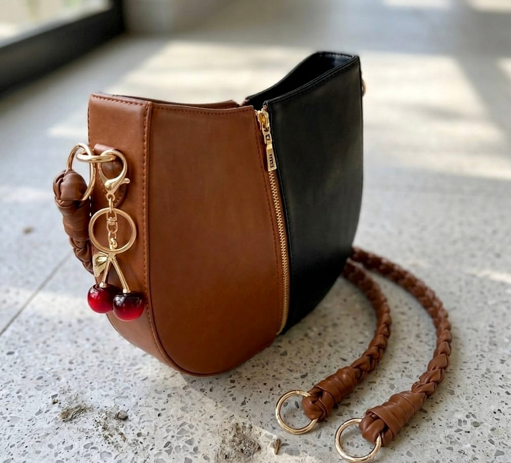 Black & Brown Braided Handle Luna Bag