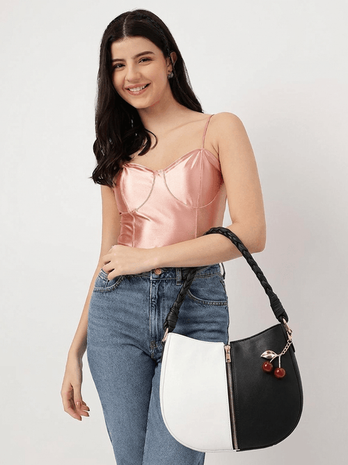 Black & white Braided Handle Luna Bag