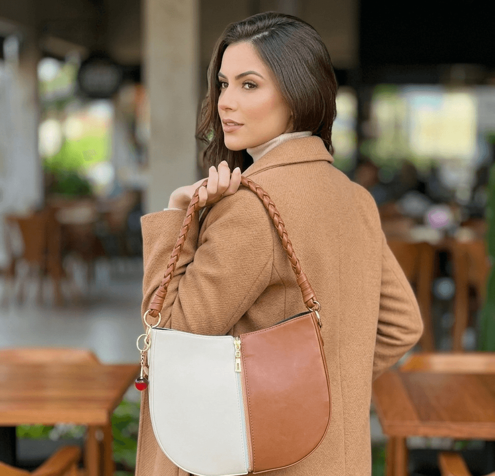 Brown & offWhite Braided Handle Luna Bag