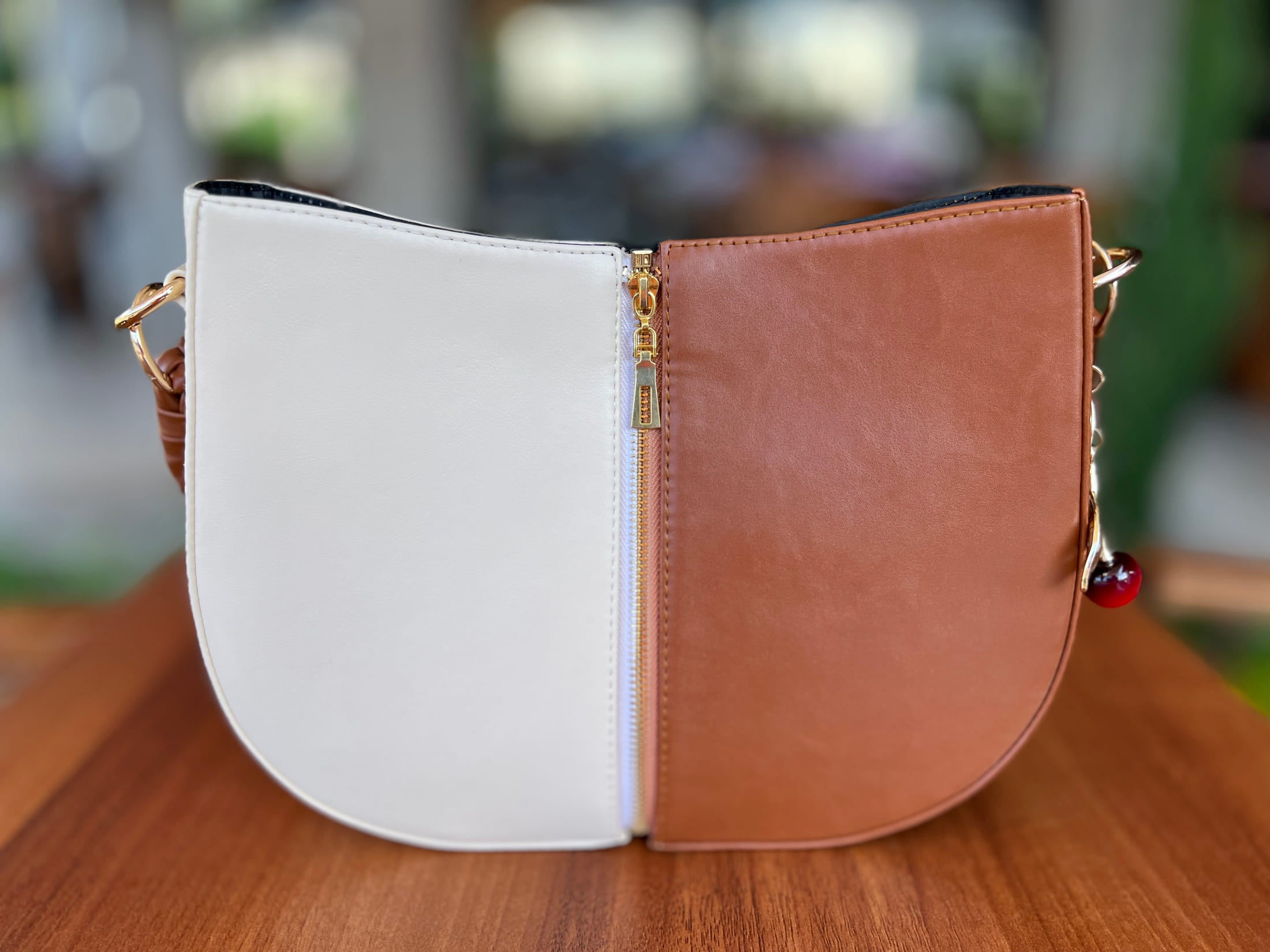 Brown & offWhite Braided Handle Luna Bag