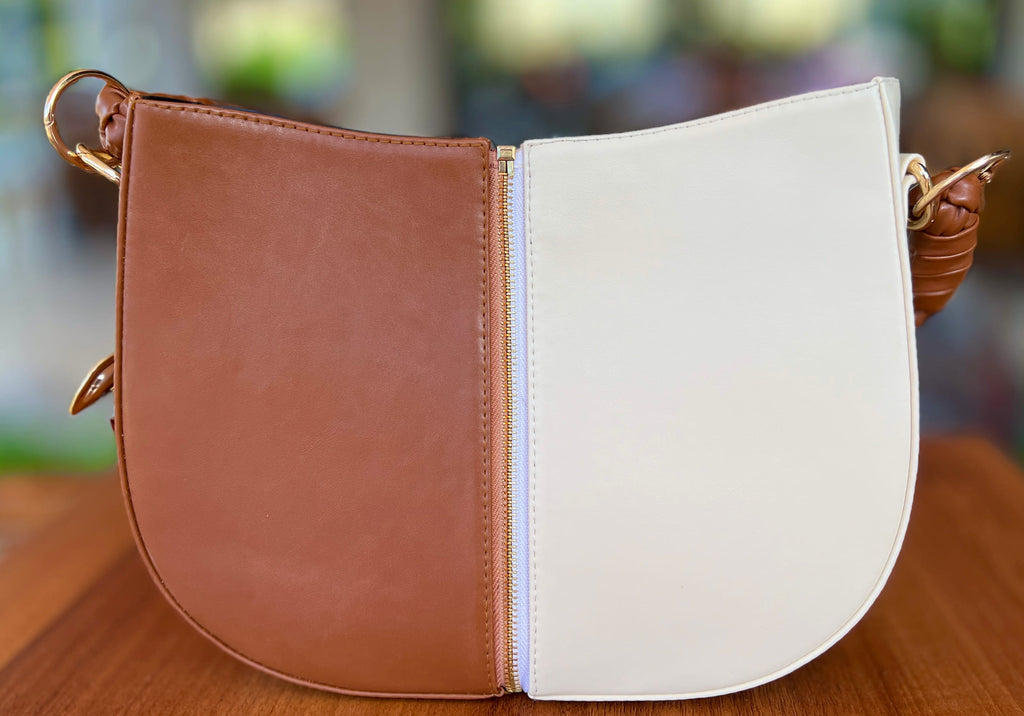 Brown & offWhite Braided Handle Luna Bag