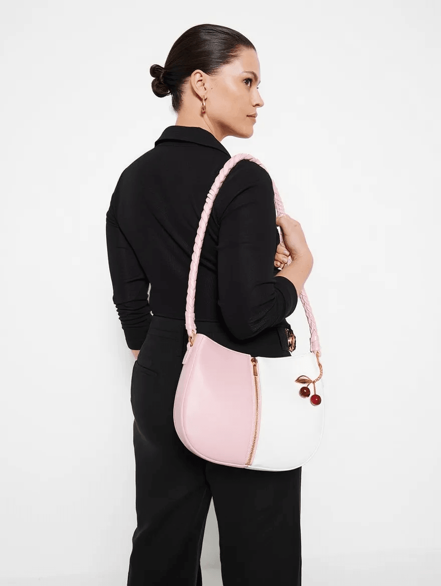 Off-White & Pink Braided Handle Luna Bag
