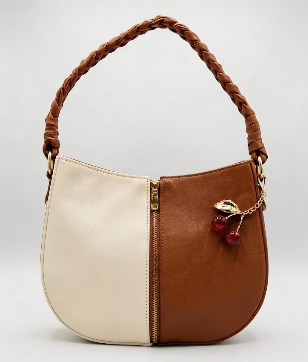 Brown & offWhite Braided Handle Luna Bag
